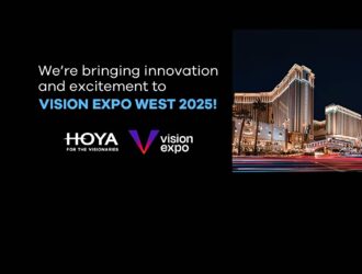 HOYA Vision Expo West 2025 announcement with Las Vegas venue backdrop and company logos