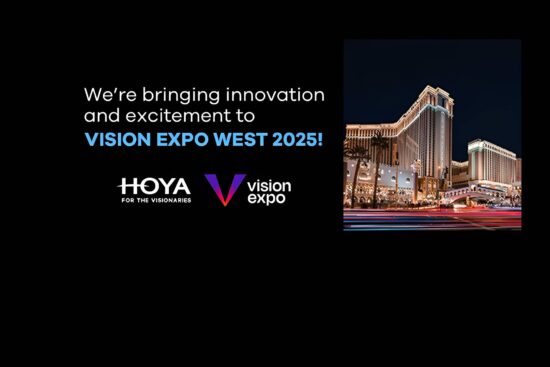 HOYA Vision Expo West 2025 announcement with Las Vegas venue backdrop and company logos