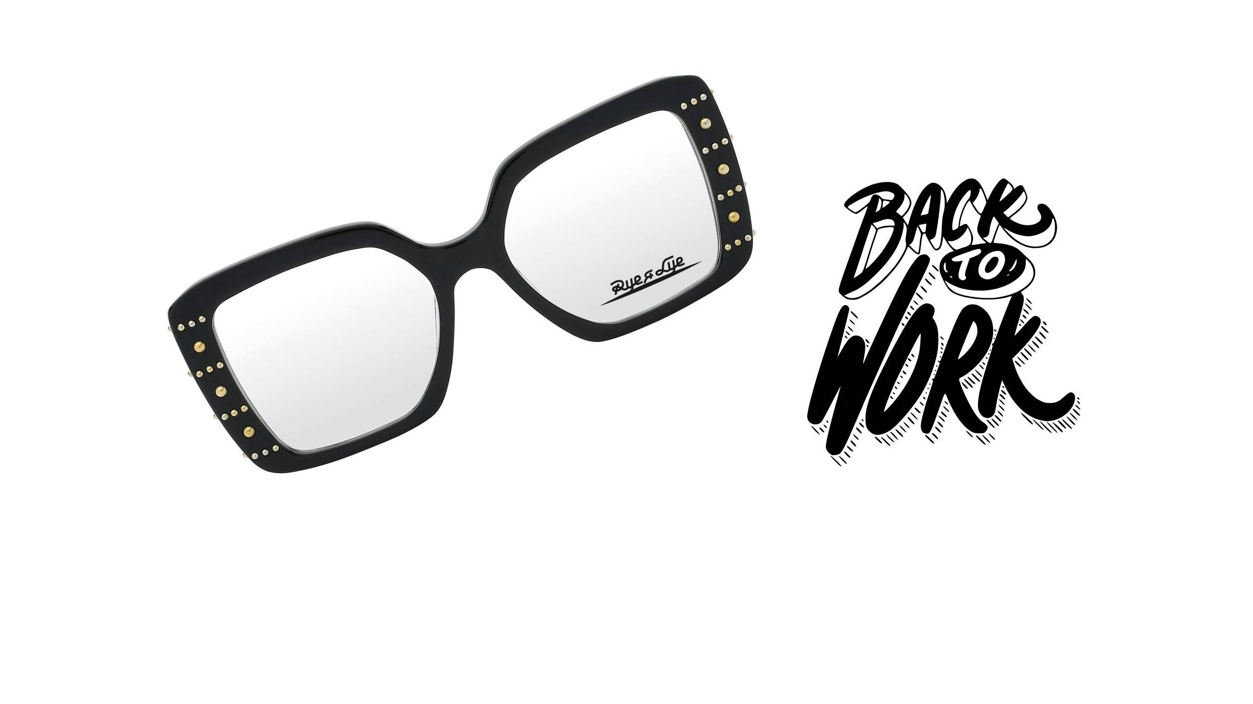 Black rectangular eyeglasses with gold studded details on the temples, featuring the "Back to Work" campaign branding French: Lunettes rectangulaires noires avec détails dorés cloutés sur les branches, présentant la campagne "Back to Work"