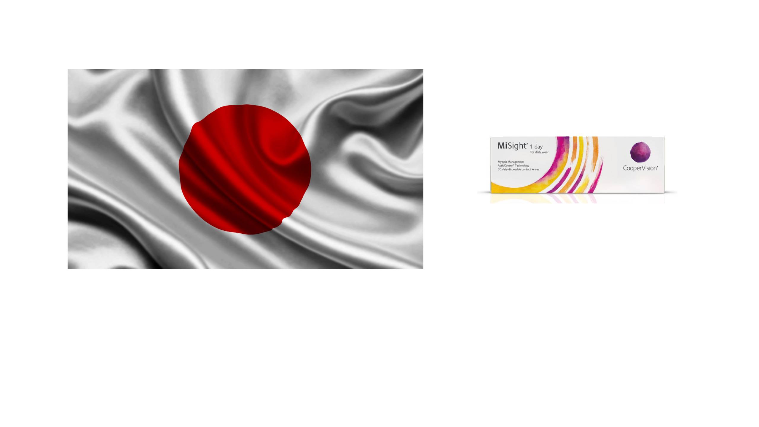 Japanese flag with red circle on white background and flowing fabric texture, alongside a MiSight 1 day contact lens package by CooperVision featuring colorful curved stripes in purple, pink, yellow and orange