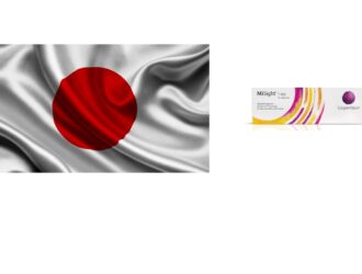 Drapeau japonais avec cercle rouge sur fond blanc et texture de tissu fluide, à côté d'un emballage de lentilles de contact MiSight 1 day de CooperVision avec des rayures courbes colorées en violet, rose, jaune et orange