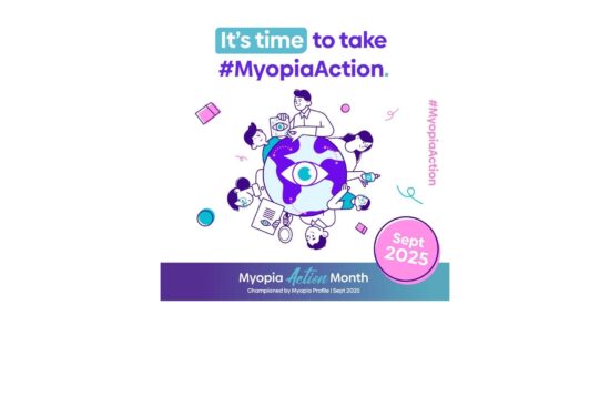 Graphique promotionnel du Mois d'Action Myopie pour septembre 2025, présentant des personnes illustrées autour d'un globe avec un symbole d'œil, promouvant la campagne de sensibilisation #MyopiaAction