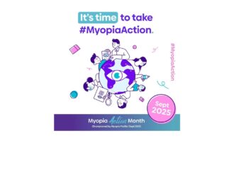 Myopia Action Month promotional graphic for September 2025, featuring illustrated people around a globe with an eye symbol, promoting #MyopiaAction awareness campaign