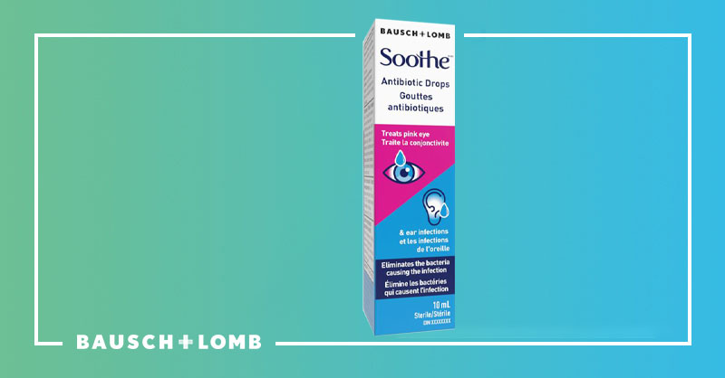 Boîte du produit Gouttes antibiotiques Soothe avec la marque Bausch + Lomb