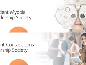 Split promotional image for CooperVision Student Leadership Societies. Top half shows 'Student Myopia Leadership Society' text with a young woman having an eye exam using a phoropter (eye testing equipment). Bottom half shows 'Student Contact Lens Leadership Society' text with a smiling young Asian woman holding a tablet in what appears to be a clinical or academic setting. Both sections feature orange semicircular design elements.