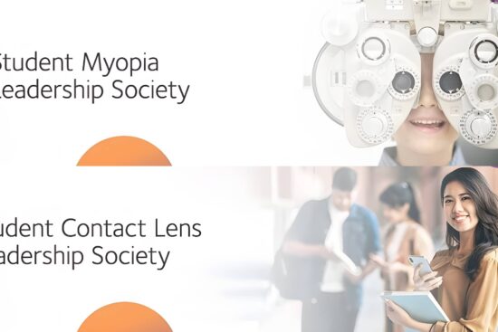 Split promotional image for CooperVision Student Leadership Societies. Top half shows 'Student Myopia Leadership Society' text with a young woman having an eye exam using a phoropter (eye testing equipment). Bottom half shows 'Student Contact Lens Leadership Society' text with a smiling young Asian woman holding a tablet in what appears to be a clinical or academic setting. Both sections feature orange semicircular design elements.