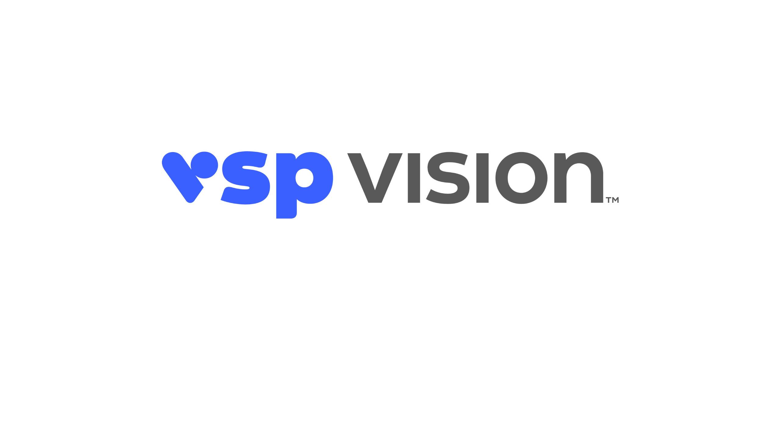 Logo de l'entreprise VSP Vision sur fond gris clair. Le logo présente 'vsp' en lettres minuscules bleues avec un design distinctif, suivi de 'vision' en lettres minuscules grises foncées, avec un petit symbole de marque déposée.