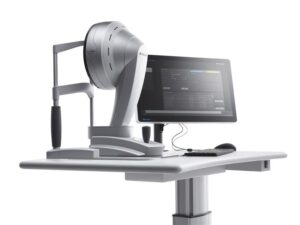 Dispositif de diagnostic Alcon Sightmap sur table médicale ajustable avec moniteur d'ordinateur - équipement de mesure oculaire utilisé pour créer le Jumeau Numérique de l'Œil pour le traitement LASIK personnalisé wavelight plus