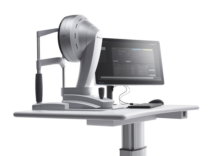 Dispositif de diagnostic Alcon Sightmap sur table médicale ajustable avec moniteur d'ordinateur - équipement de mesure oculaire utilisé pour créer le Jumeau Numérique de l'Œil pour le traitement LASIK personnalisé wavelight plus