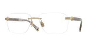 Brunello Cucinelli BC1011T frameless rectangular optical glasses with gold bridge and grey acetate temples