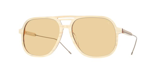 Lunettes de soleil aviateur Brunello Cucinelli BC4022S en acétate havana panama avec branches dorées et verres jaunes