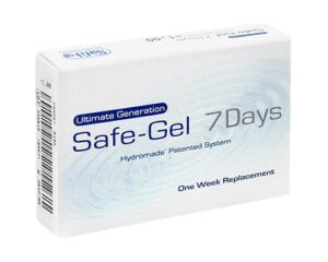 Boîte de lentilles de contact Safe-Gel 7Days Ultimate Generation présentant le système breveté Hydromade et l'indication de remplacement hebdomadaire
