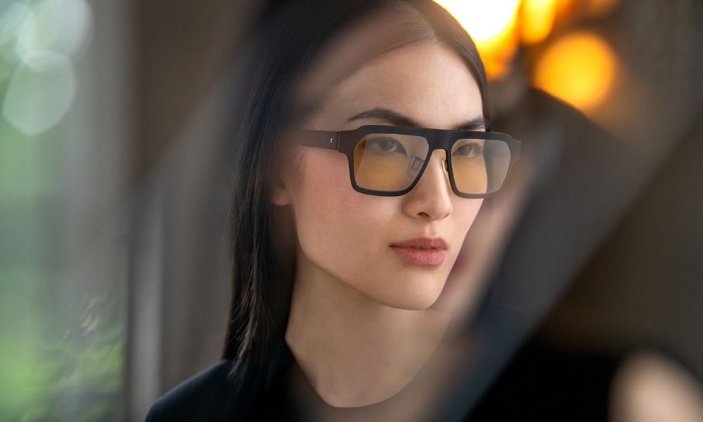 Model wearing Blackfin Gotham optical frames in black, portrait view