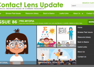 Contact Lens Update Issue 86 cover featuring pre-myopia content sections: Editorial, Feature Article, Clinical Insight, and Conference Highlights
