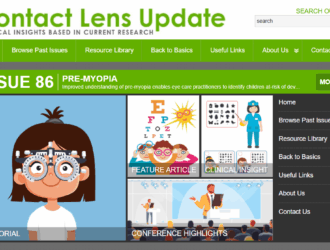 Contact Lens Update Issue 86 cover featuring pre-myopia content sections: Editorial, Feature Article, Clinical Insight, and Conference Highlights