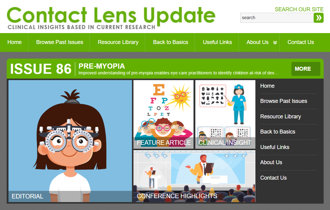 Contact Lens Update Issue 86 cover featuring pre-myopia content sections: Editorial, Feature Article, Clinical Insight, and Conference Highlights