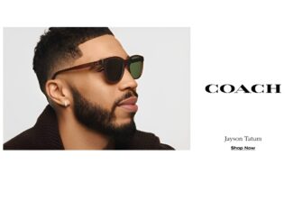 Jayson Tatum wearing Coach HC8442U sunglasses in transparent brown with green lenses for Coach eyewear campaign