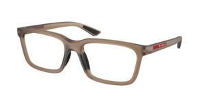 Monture optique Prada Linea Rossa en taupe translucide avec bande logo rouge sur les branches
