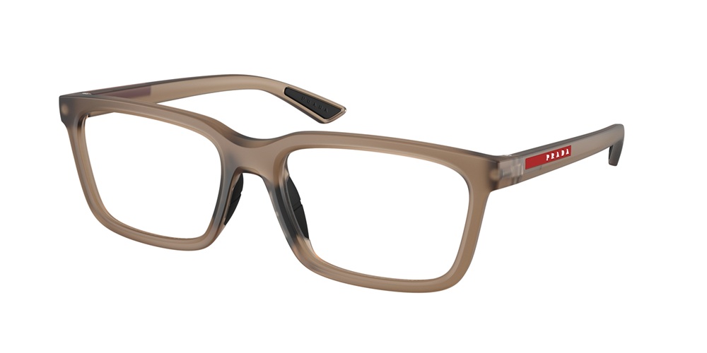 Prada Linea Rossa optical frames in translucent taupe with red logo stripe on temples
