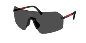 Lunettes de soleil masque Prada Linea Rossa avec verre gris foncé et monture noire à détail rouge sur les branches
