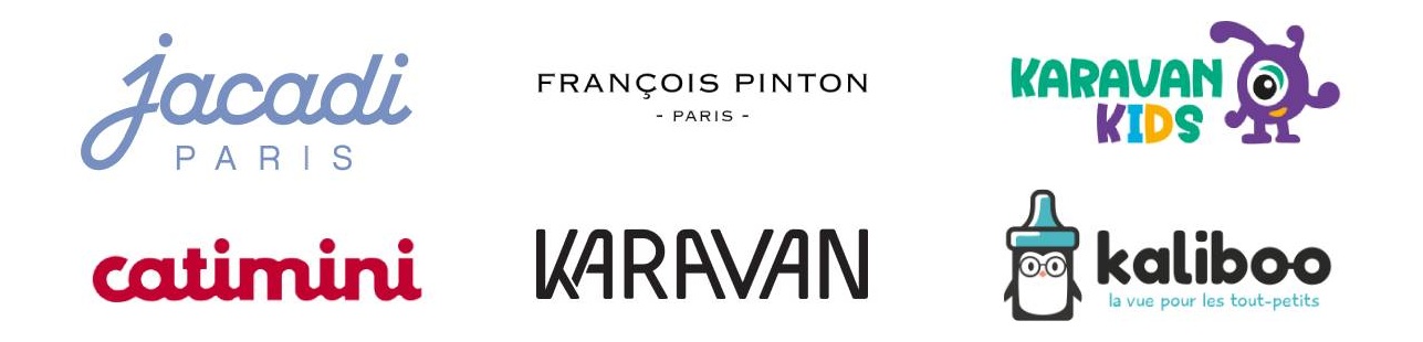 Six acquired eyewear brand logos: Jacadi Paris, François Pinton Paris, Karavan Kids, Catimini, Karavan, and Kaliboo