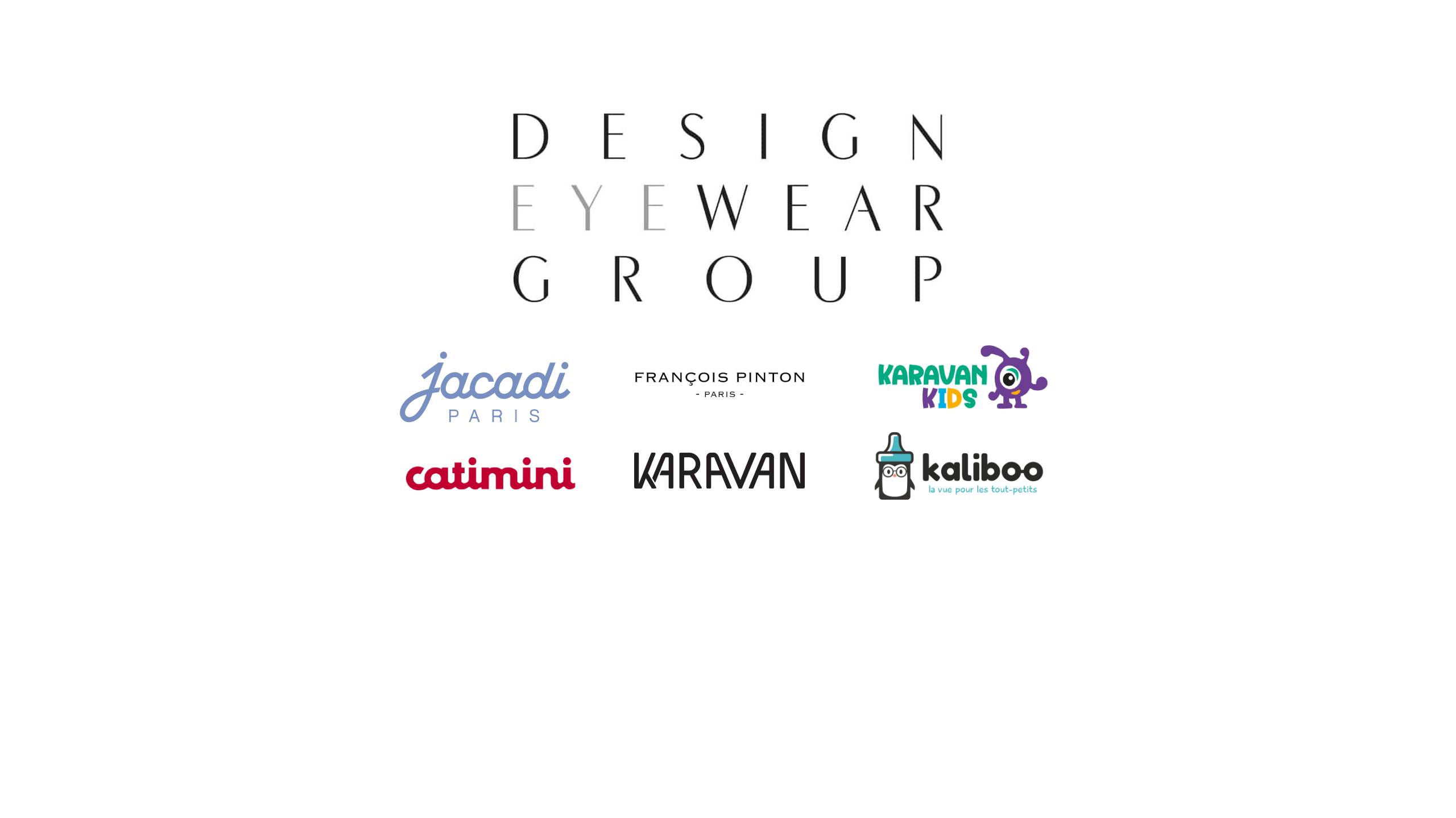 Design Eyewear Group logo with six acquired brand logos: Jacadi Paris, François Pinton Paris, Karavan Kids with octopus mascot, Catimini, Karavan, and Kaliboo with bottle character mascot
