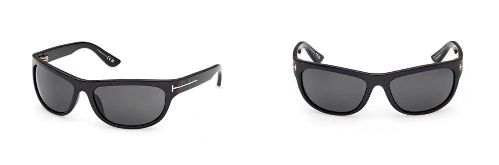 Lunettes de soleil TOM FORD ANDERS-02 enveloppantes noires avec logo T signature, vue de face et de profil