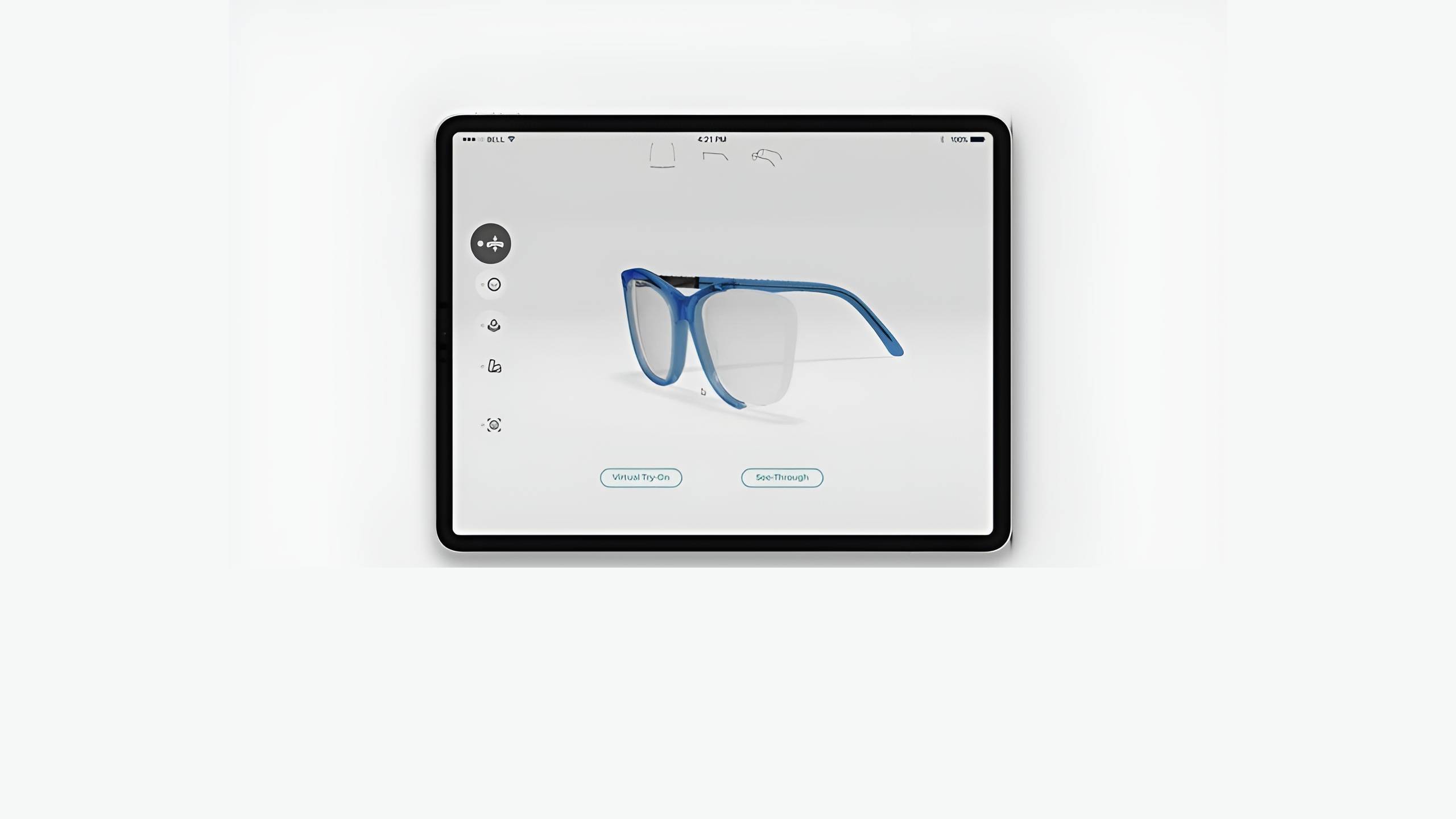 Application Optical Fit Pro montrant une monture 3D sur iPad