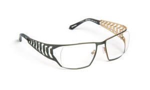 J.F. Rey ICONIC40 eyeglasses in olive green and gold two-tone finish with distinctive articulated temple architecture"