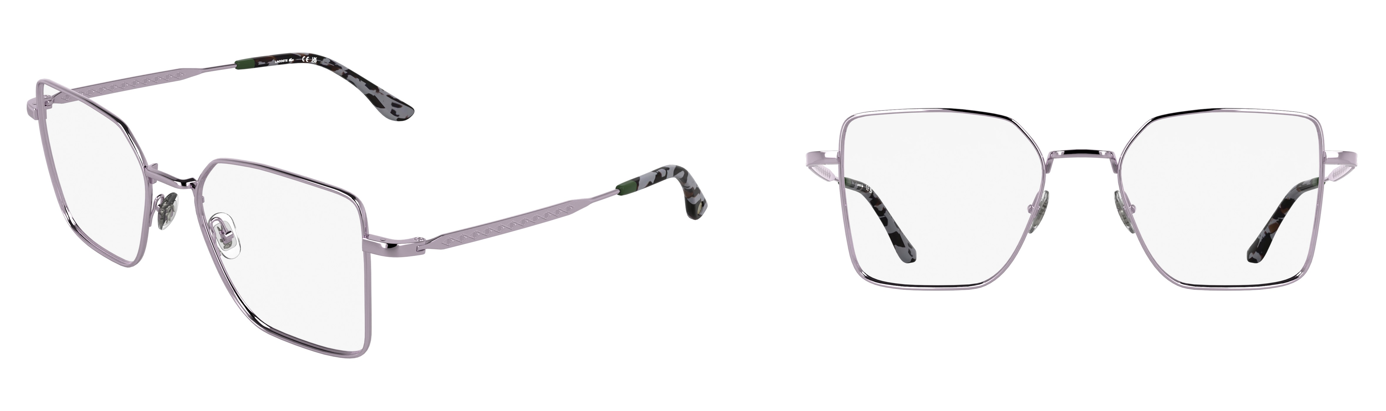 Deux vues des lunettes optiques Lacoste L2316 en métal Rose Clair avec monture papillon et embouts de branches écaille ornés du détail rayure verte