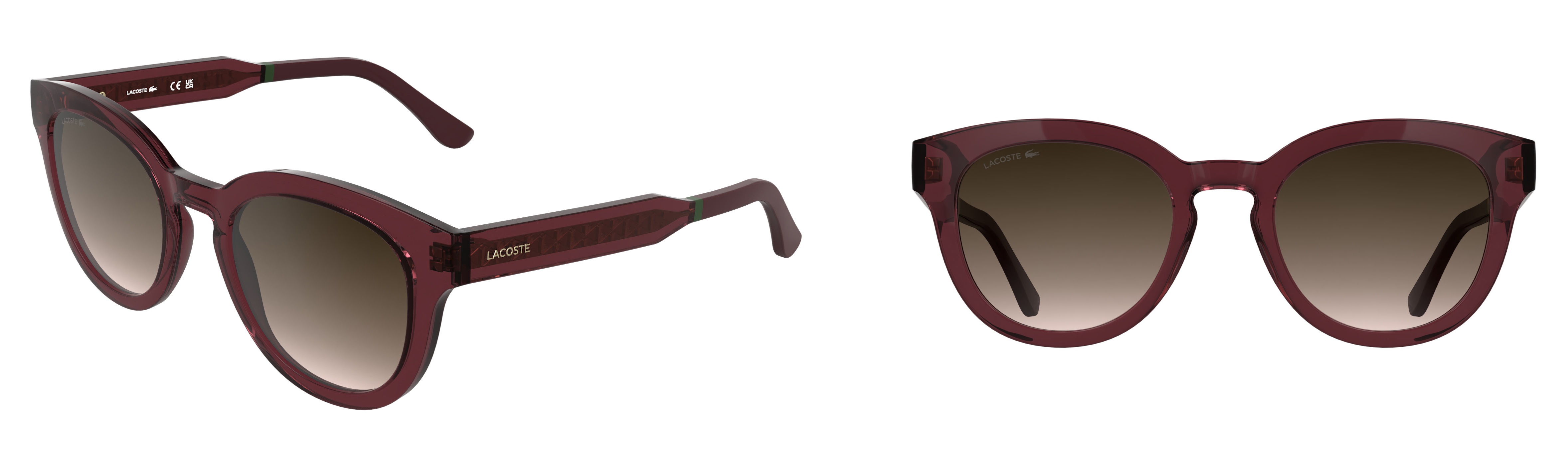 Deux vues des lunettes de soleil Lacoste L6070S en Bordeaux Transparent avec monture rectangulaire modifiée, verres dégradés bruns et branches à âme métallique ornées du motif Monogramme