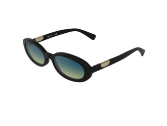 Lunettes de soleil ovales Longchamp Le Pliage en acétate noir avec détail de patte métallique dorée sur les branches et verres dégradés bleu-vert, vue en angle