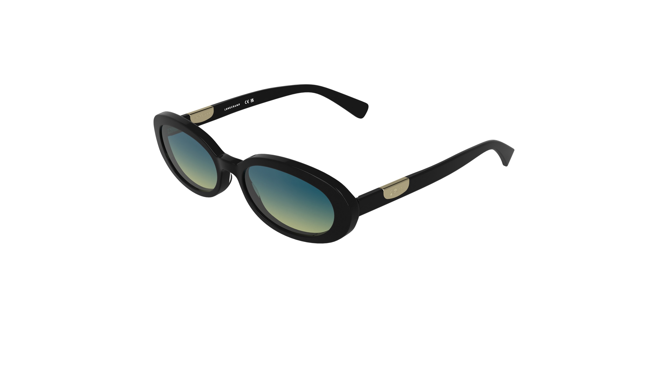 Lunettes de soleil ovales Longchamp Le Pliage en acétate noir avec détail de patte métallique dorée sur les branches et verres dégradés bleu-vert, vue en angle