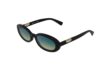 Longchamp Le Pliage oval sunglasses in black acetate with gold metal flap detail on temples and gradient blue-green lenses, angled view