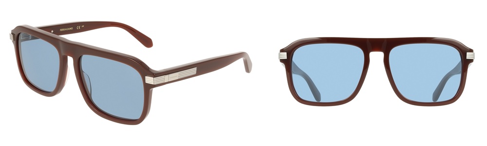 SF2087S sunglasses with prismatic metal insert and blue lenses on brown frame