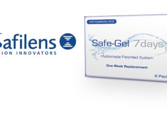 Logo Safilens Vision Innovators à côté de l'emballage de lentilles de contact Safe-Gel 7days avec le système breveté Hydromade à l'acide hyaluronique, remplacement hebdomadaire, boîte de 6