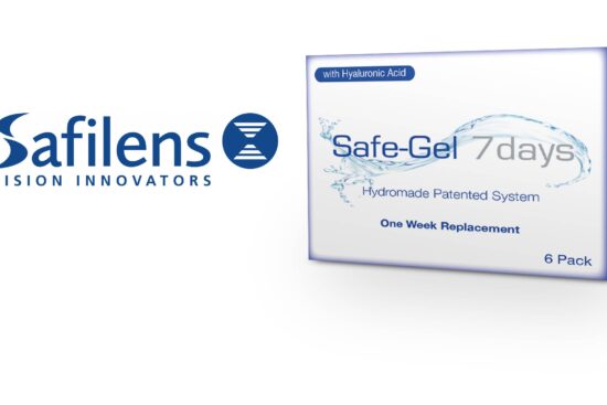 Safilens Vision Innovators logo next to Safe-Gel 7days contact lens package featuring Hydromade Patented System with Hyaluronic Acid, One Week Replacement, 6 Pack