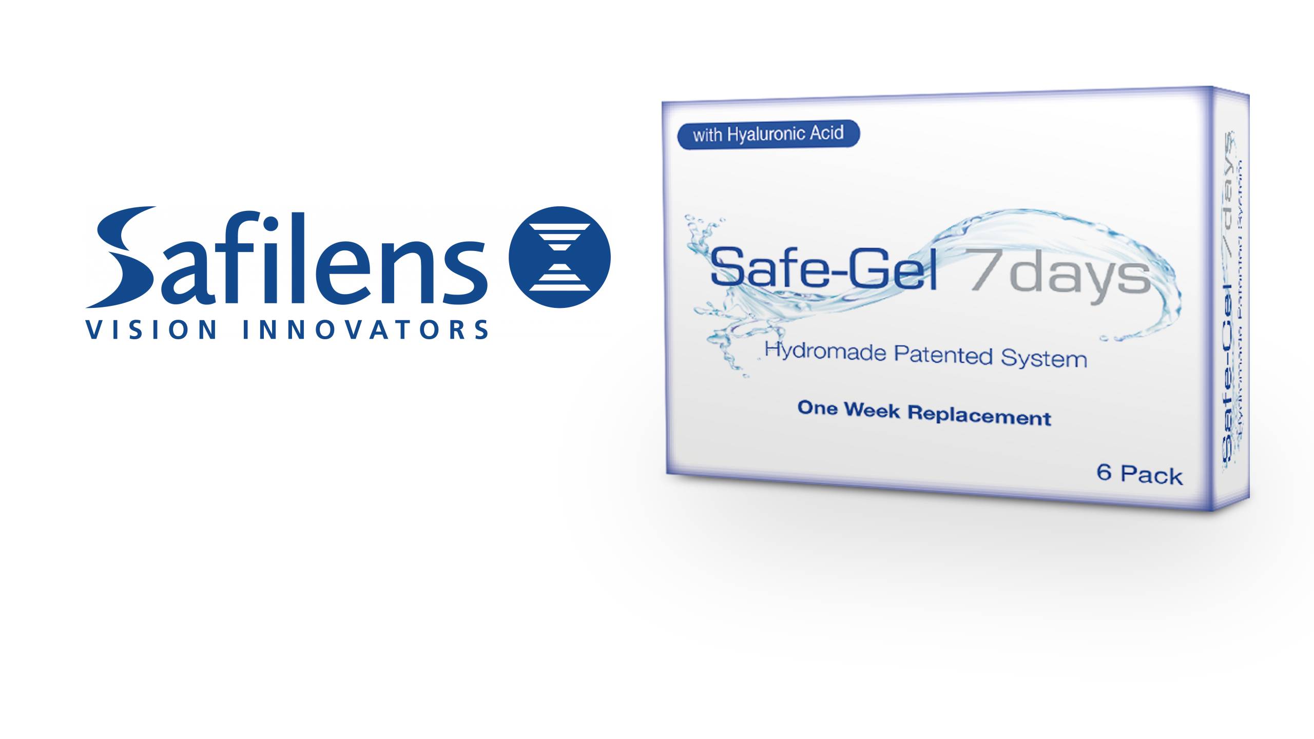Safilens Vision Innovators logo next to Safe-Gel 7days contact lens package featuring Hydromade Patented System with Hyaluronic Acid, One Week Replacement, 6 Pack