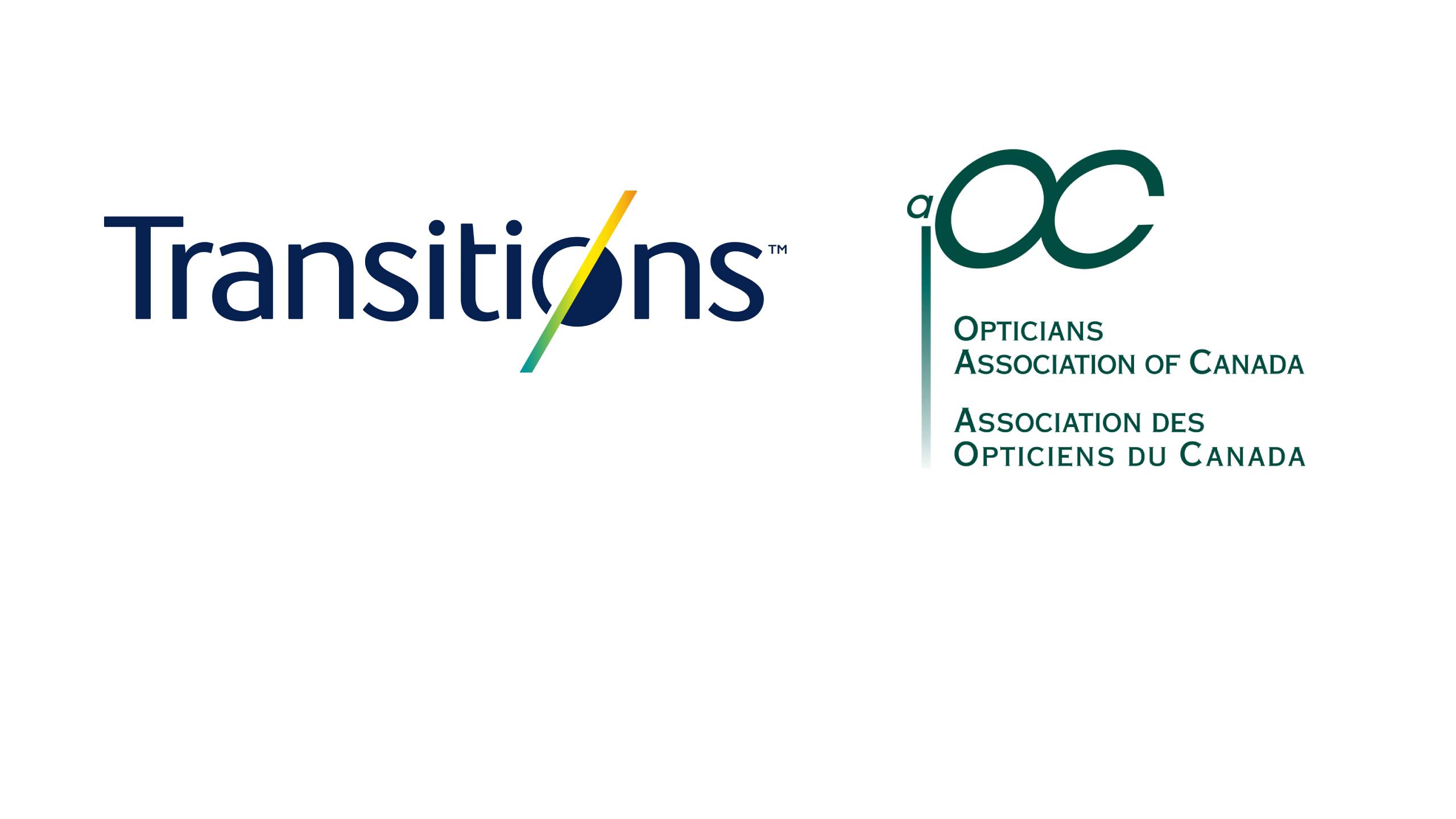 Logo de Transitions avec son trait oblique distinctif, à côté du logo de l'Association des opticiens du Canada présentant les lettres OC entrelacées