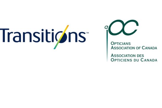 Transitions optical lenses logo with distinctive slash design, alongside the Opticians Association of Canada logo featuring interlocking OC letters