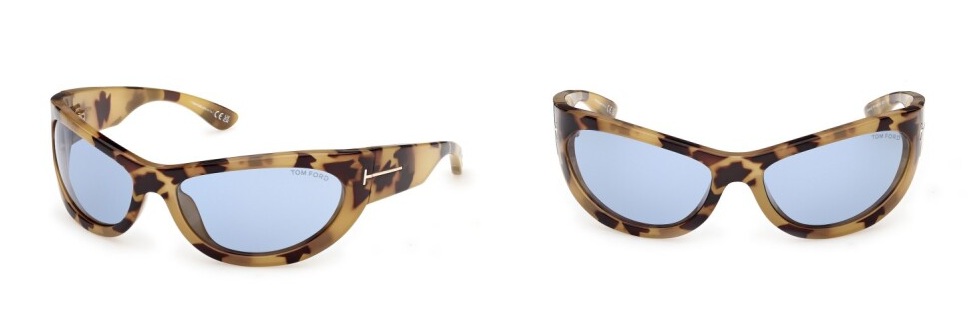TOM FORD LEONA tortoiseshell cat-eye sunglasses with blue lenses and signature T-logo, front and side view