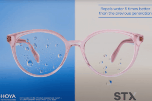 Pink eyeglasses showing water droplets beading on lens with STX coating technology