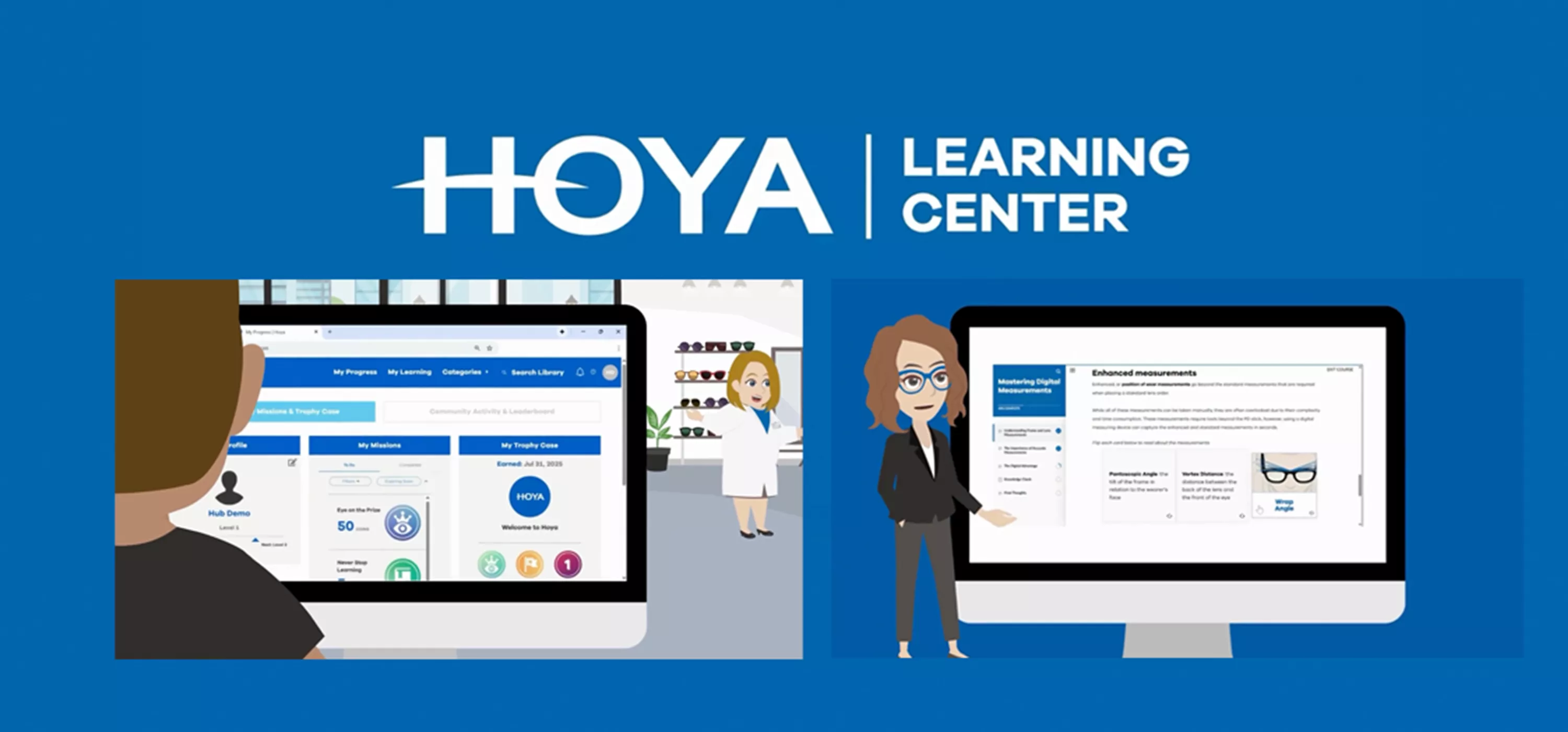 Illustration du Centre de Formation HOYA montrant deux professionnels de l'optique consultant la plateforme de formation en ligne sur des écrans d'ordinateur, avec le logo HOYA Learning Center au-dessus