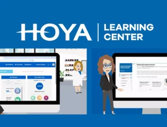 Illustration of HOYA Learning Center showing two optical professionals viewing the online training platform on computer screens, with the HOYA Learning Center logo above