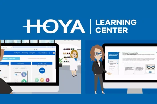 Illustration of HOYA Learning Center showing two optical professionals viewing the online training platform on computer screens, with the HOYA Learning Center logo above