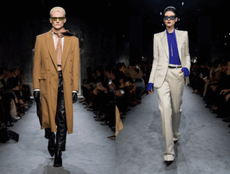 Quatre mannequins au défilé TOM FORD Automne/Hiver 2025 portant des lunettes de soleil designées par Haider Ackermann