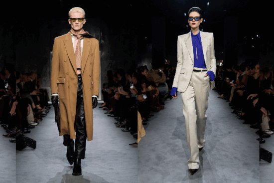 Quatre mannequins au défilé TOM FORD Automne/Hiver 2025 portant des lunettes de soleil designées par Haider Ackermann