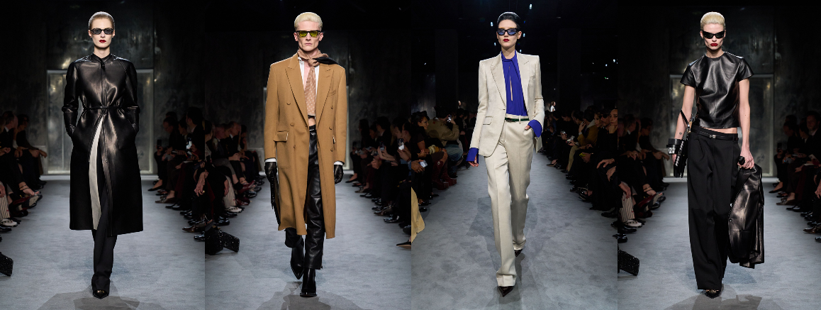 Quatre mannequins au défilé TOM FORD Automne/Hiver 2025 portant des lunettes de soleil designées par Haider Ackermann