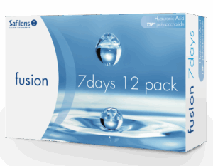 Safilens fusion 7days contact lens package, 12 pack, featuring Hyaluronic Acid and TSP polysaccharide with water droplet imagery