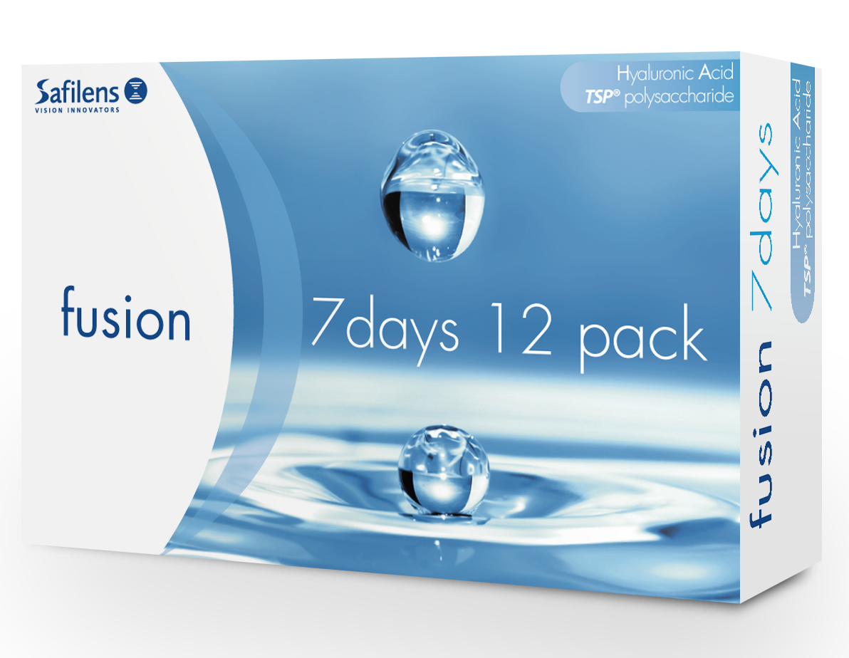 Safilens fusion 7days contact lens package, 12 pack, featuring Hyaluronic Acid and TSP polysaccharide with water droplet imagery